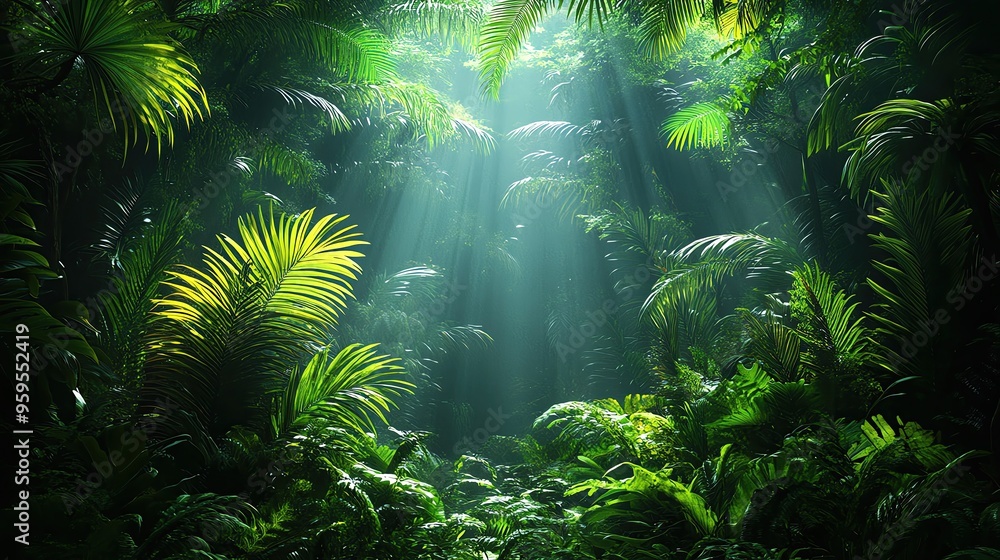 Poster lush jungle with radiant sunlight filtering through greenery, creating a serene and tranquil atmosph