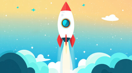A charming illustration featuring a cute animal astronaut traveling through space in a rocket, crafted in sleek flat design.