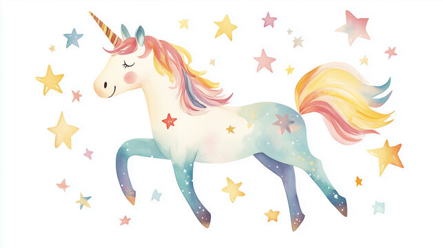 A whimsical unicorn gallops through a field of stars, its mane and tail flowing with vibrant colors