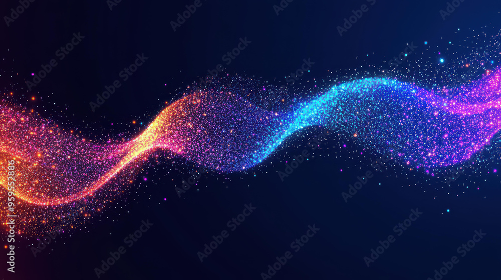 Poster vibrant neon dots create a dynamic wave, showcasing a modern, abstract digital landscape rich in dat
