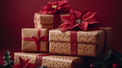 Obraz premium Christmas stacks of gifts wrapped in recycled brown wrapping paper with polka dot and poinsettia prints gold colors, stacked on top of each other against a plain background