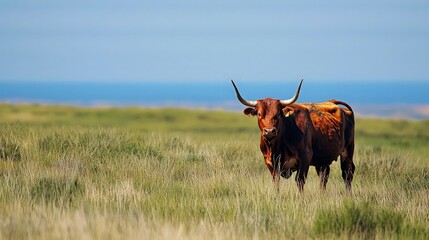 Lone Longhorn in a Field
