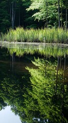 Obraz premium A serene reflection of trees and reeds in a still lake.