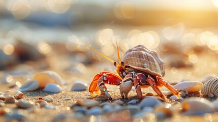 Detailed view of a hermit crab with a compact shell and slender legs on a sandy shore accented by small stones and bits of seashells.
