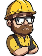 A cartoon illustration of a man with a beard wearing a yellow hard hat, glasses, and work overalls with his arms crossed.