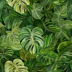 seamless pattern of tropical leaves with detailed, realistic textures