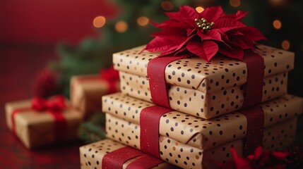 Christmas stacks of gifts wrapped in recycled brown wrapping paper with polka dot and poinsettia prints gold colors, stacked on top of each other against a plain background