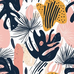 seamless pattern of tropical leaves with playful, abstract shapes