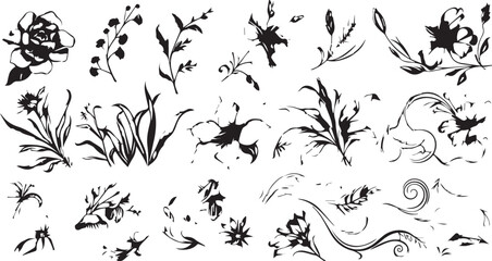 
Big set of decorative elements and vector graphics in a hand drawn floral ornament collection with line on a white background