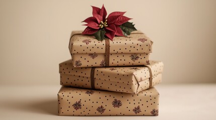 Christmas stacks of gifts wrapped in recycled brown wrapping paper with polka dot and poinsettia prints gold colors, stacked on top of each other against a plain background