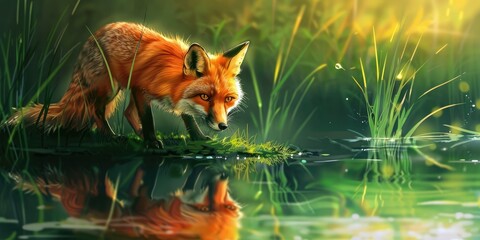 Fototapeta premium A Tan and Orange Fur Fox Positioned by Water Near the Grass