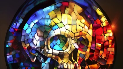 Exploring the intricate details of a colorful stained glass skull design in a modern art exhibit - Powered by Adobe