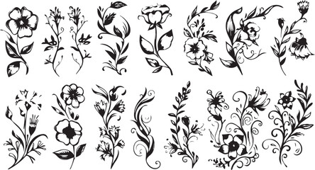 
Big set of decorative elements and vector graphics in a hand drawn floral ornament collection with line on a white background