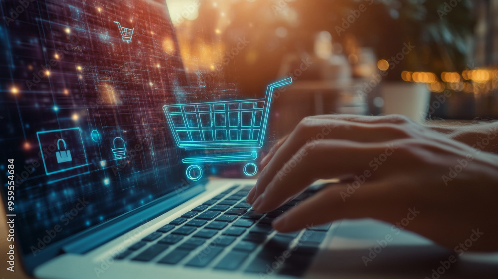 Poster a close-up of hands typing on a laptop with an online shopping cart open on the screen