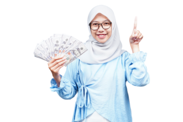 Hijab asian woman holding money and pointing isolated transparent