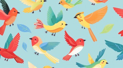 Colorful cartoon birds soaring together, charming background for cards and wallpapers.