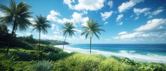 Fototapeta premium Tropical Beach with Palm Trees and Blue Sky