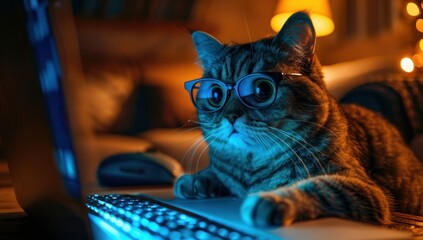 Cat Typing on a Laptop with Glasses