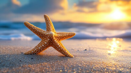 Fototapeta na wymiar Starfish on golden sand at sunset with blurred sea background