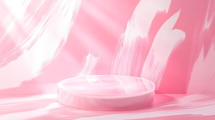 Frosted Acrylic Podium With Light Pink Background And Abstract White Brushstrokes For Artistic Product Displays . Generative ai