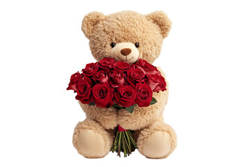 A brown teddy bear holds a bouquet of red roses
