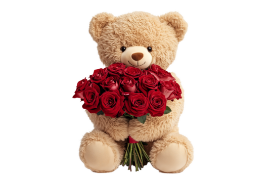 A brown teddy bear holds a bouquet of red roses