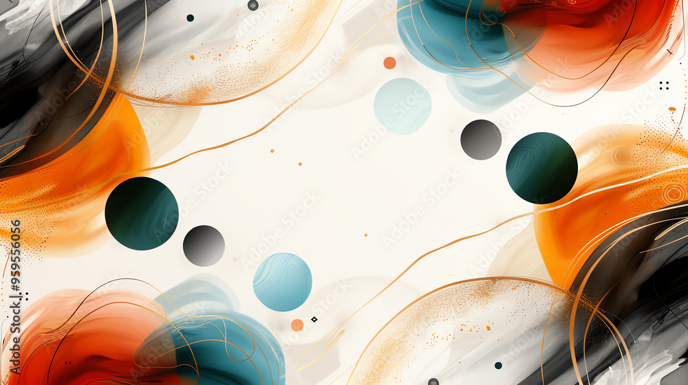 Poster seamless pattern with boho gold tone lines and dots, combined with abstract free form shapes