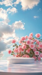 Fototapeta premium Elegant Pink Rose Podium on Sky blurred Background
