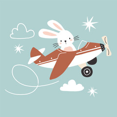 Cute hand drawn vector rabbit on vintage airplane. Perfect for tee shirt logo, greeting card, poster, invitation or nursery print design. EPS 10 vector file.