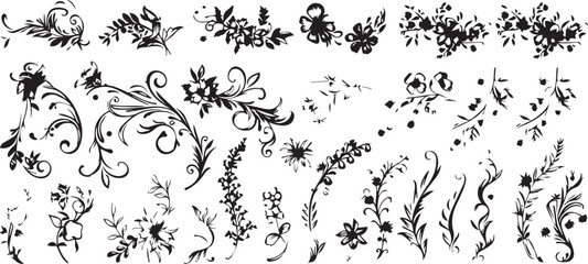 
Big set of decorative elements and vector graphics in a hand drawn floral ornament collection with line on a white background