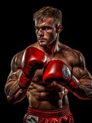 photoshot of Sportsman muay thai boxer fighting in gloves in boxing cage. Isolated on black background