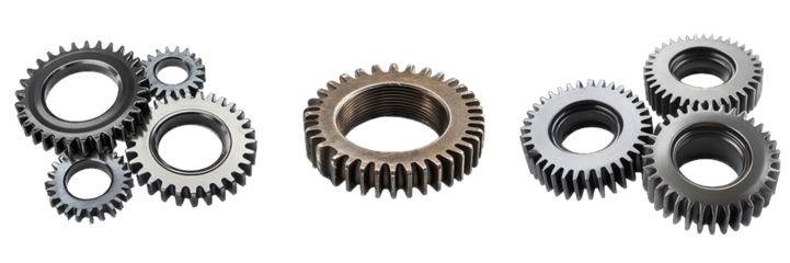 Three gears are shown in a row, with the middle gear being the largest