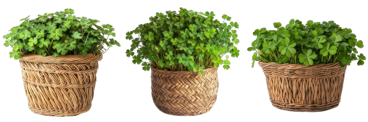 Three potted plants with green clover leaves are arranged in a row