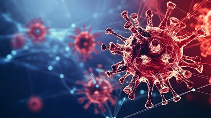 Close-up view of virus cells in red and blue tones highlighting molecular structure