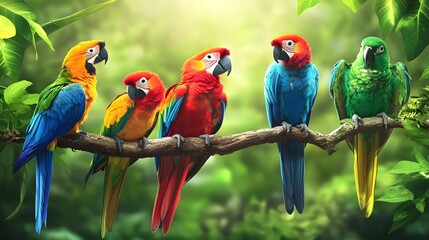 Obraz premium Vibrant parrots perched in lush tropical forest