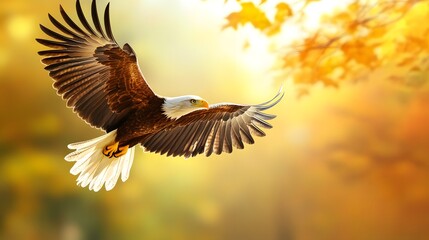 Obraz premium Majestic bald eagle soaring through golden autumn foliage