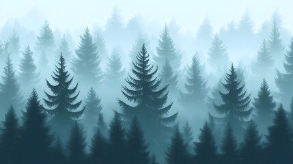 Fototapeta premium Misty pine forest landscape with foggy morning light and dense trees