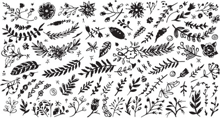 
Big set of decorative elements and vector graphics in a hand drawn floral ornament collection with line on a white background