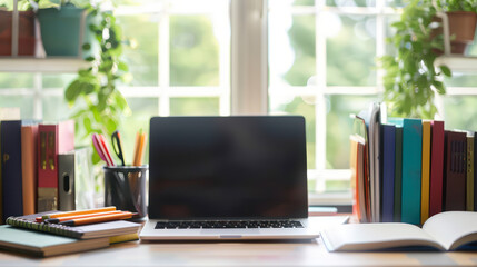 A modern workspace featuring laptop, colorful books, and stationery, surrounded by greenery, creating productive and inviting atmosphere.