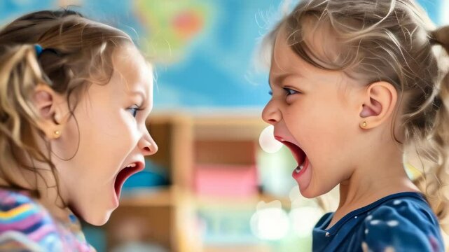 Two young girls express their emotions loudly while playing in a colorful classroom setting