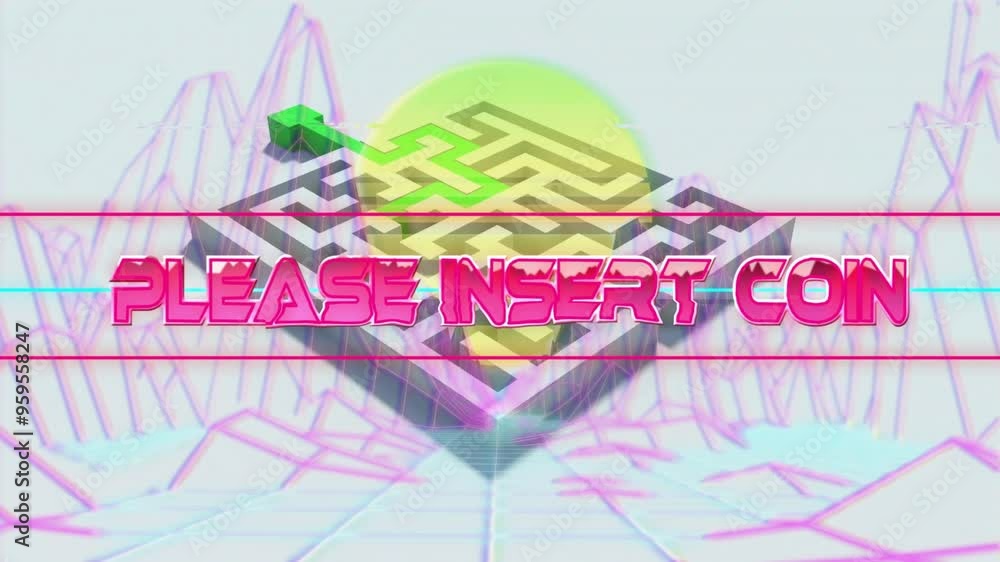 Poster please insert coin text animation over neon geometric shapes and grid background