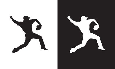 The silhouette design of a player throwing a baseball in black and white.