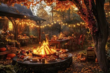 Obraz premium Cozy Autumn Gathering Around a Fire Pit.