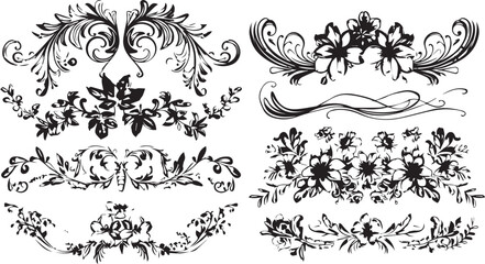 
Big set of decorative elements and vector graphics in a hand drawn floral ornament collection with line on a white background