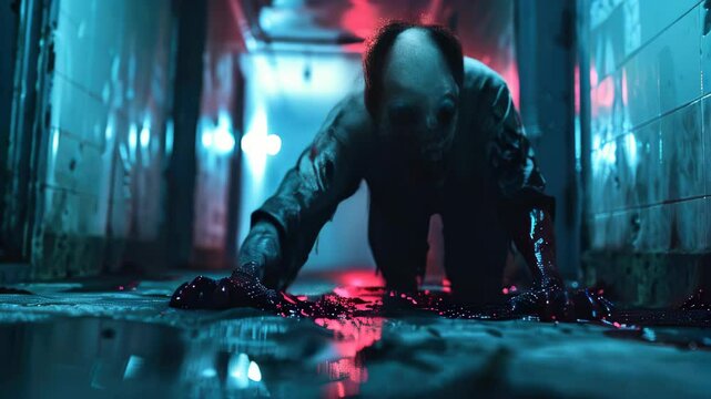 A chilling moment in an abandoned hallway during a horror-themed night exploration with eerie lighting and unsettling visuals