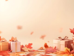 Fototapeta premium Fall Leaves autumn Maple Leaf Gift Box Graphic Wallpaper, Generative AI