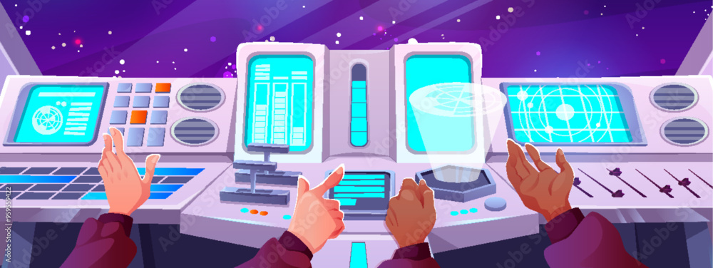 Poster spaceship cockpit interior with male pilot hands on control panel. cartoon vector illustration of vi