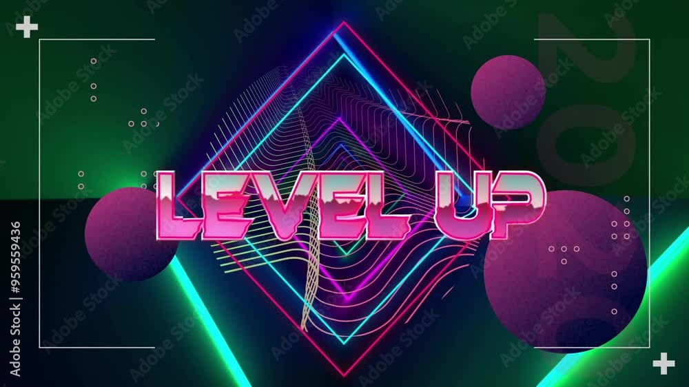 Aufkleber level up text animation over neon geometric shapes and abstract background