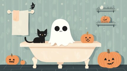 Spooky Bathroom with a Ghost and a Cat