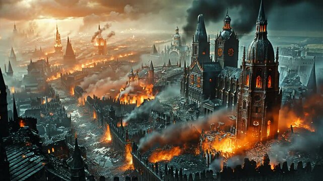 City in Flames: A breathtakingly detailed digital painting depicts a city ablaze, engulfed in smoke and fire, with iconic landmarks like Big Ben and the London Eye silhouetted against the fiery sky. W